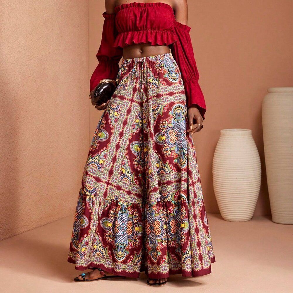 Multicolor Boho Women's All-Over Print High Waist Wide-Leg Hem Pants